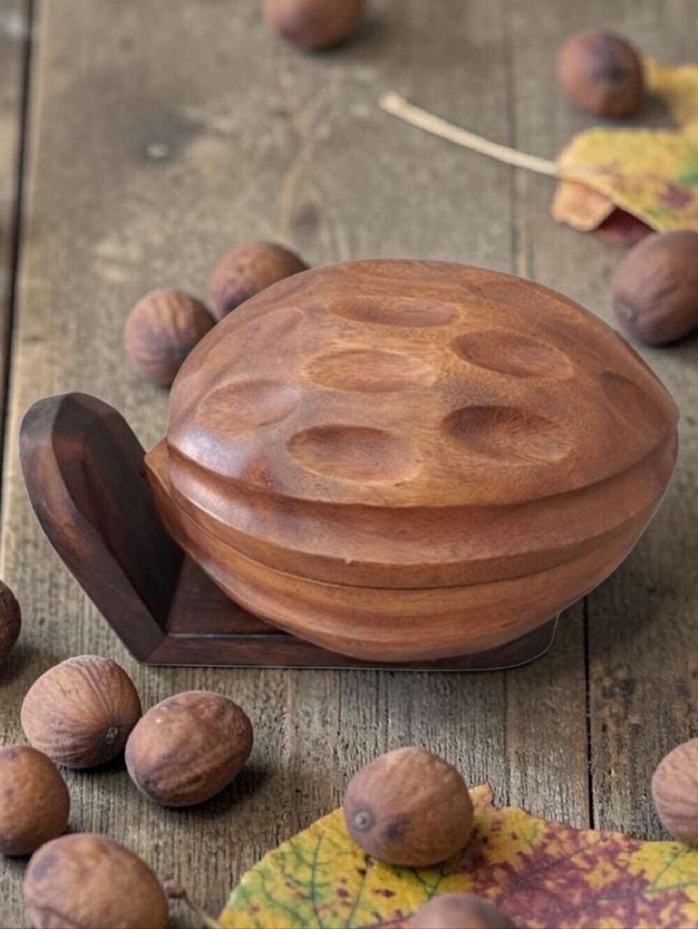 Vintage Hand Carved Nut Woodenware Catchall 1960s Mid Century